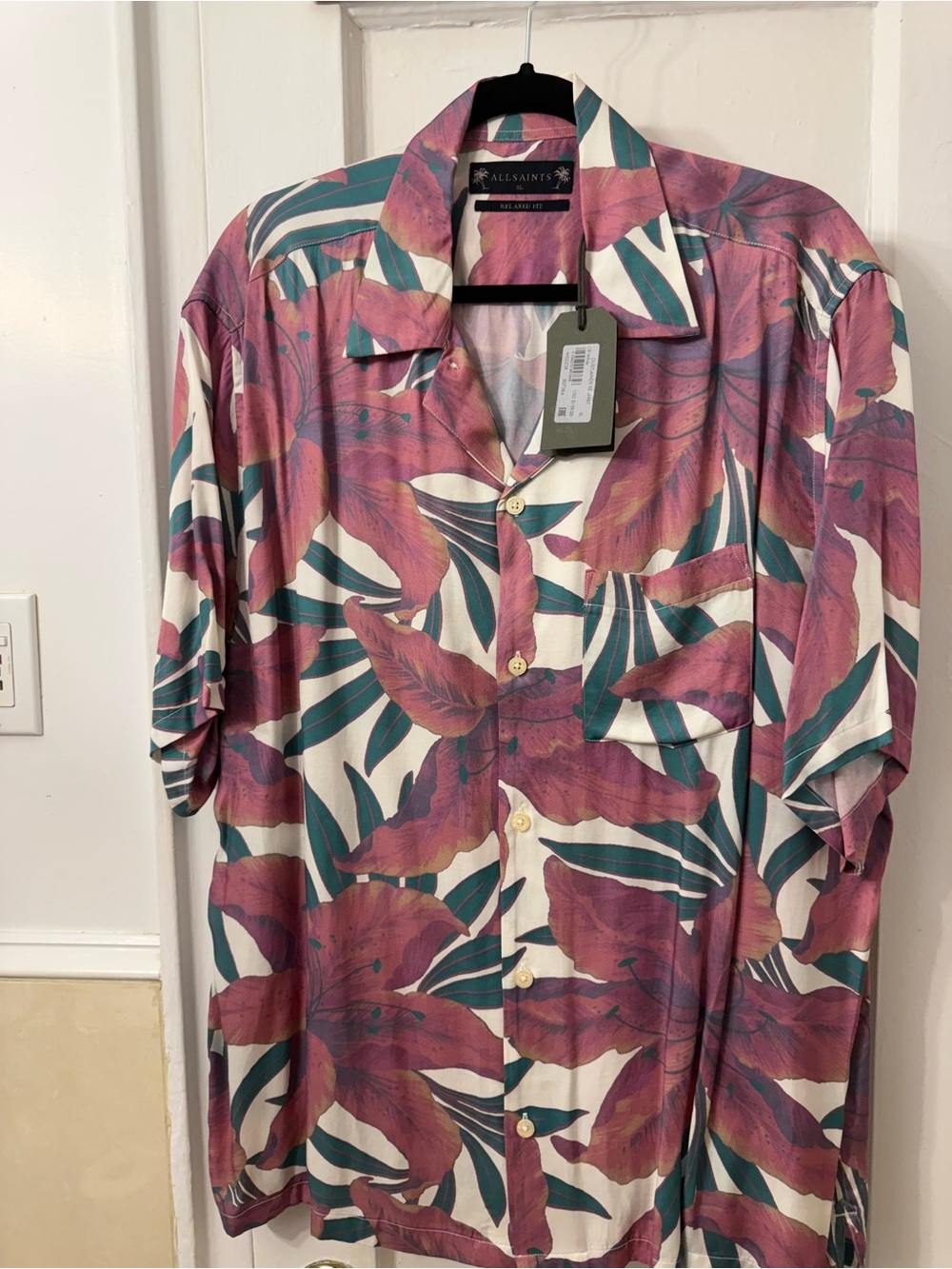 All Saints Men’s Rose-Pink & Teal Tropical Short-Sleeve Button Shirt